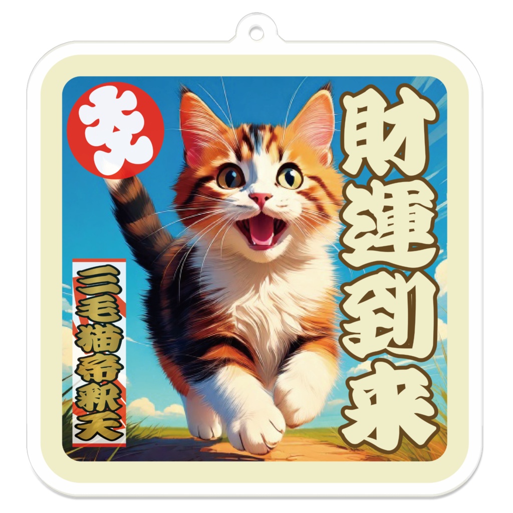 なるわん座招福アクリルキーホルダー・三毛猫帝釈天（財運到来）