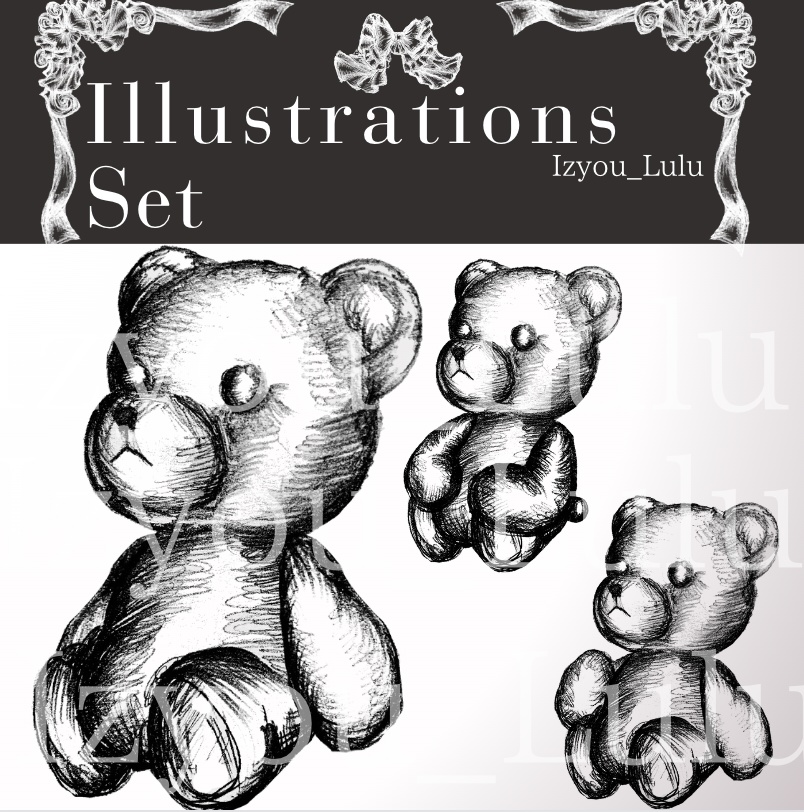 【商業利用可 illustration】 USD3$ ~Gothic ゴシック teddy bear　Ⅰ. monochrome3 sets. [Commercial use available]