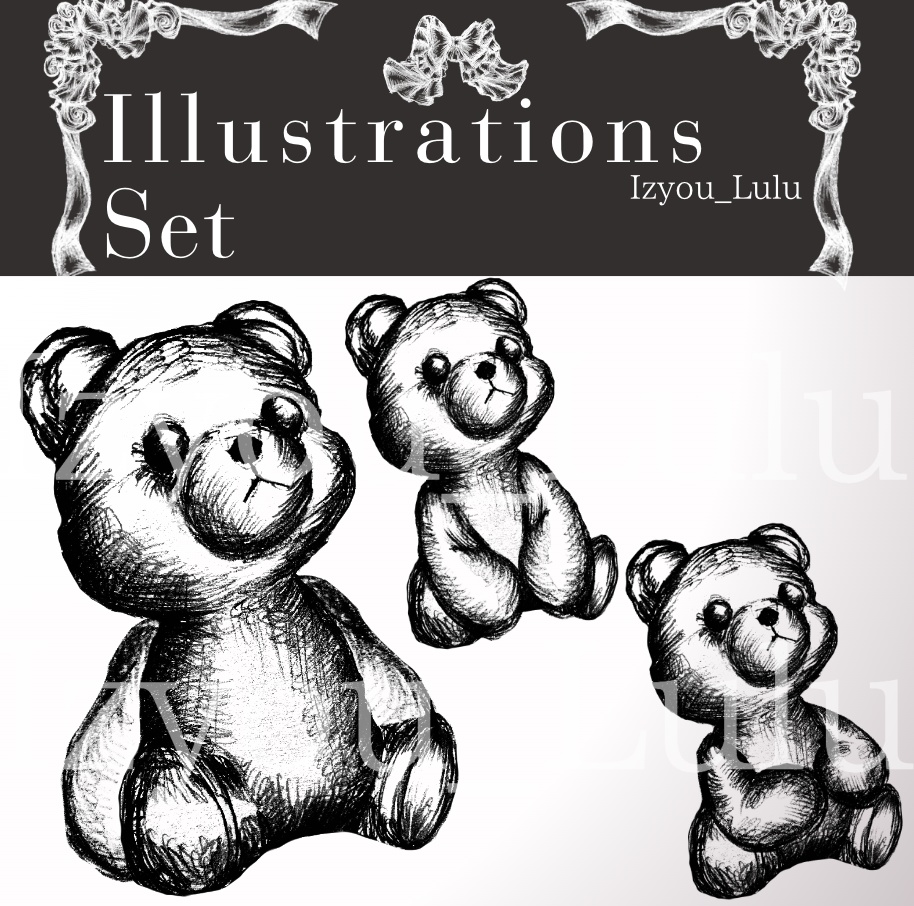 【商業利用可 Flames & Parts】 USD3$~Gothic ゴシック teddy bear Ⅱ. monochrome3 sets. [Commercial use available]　