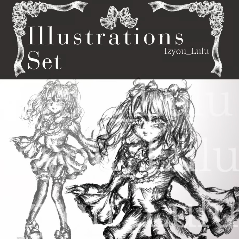 【商業利用可】USD3$~ Ziraikei-girl monochrome illustration 1 sets. [Commercial use available]　JPY500~