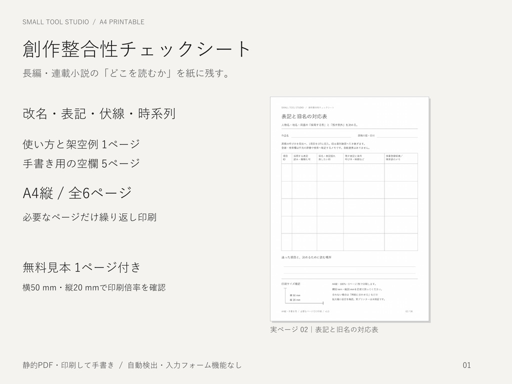 創作整合性チェックシート|長編・連載小説の見直し用 A4印刷PDF