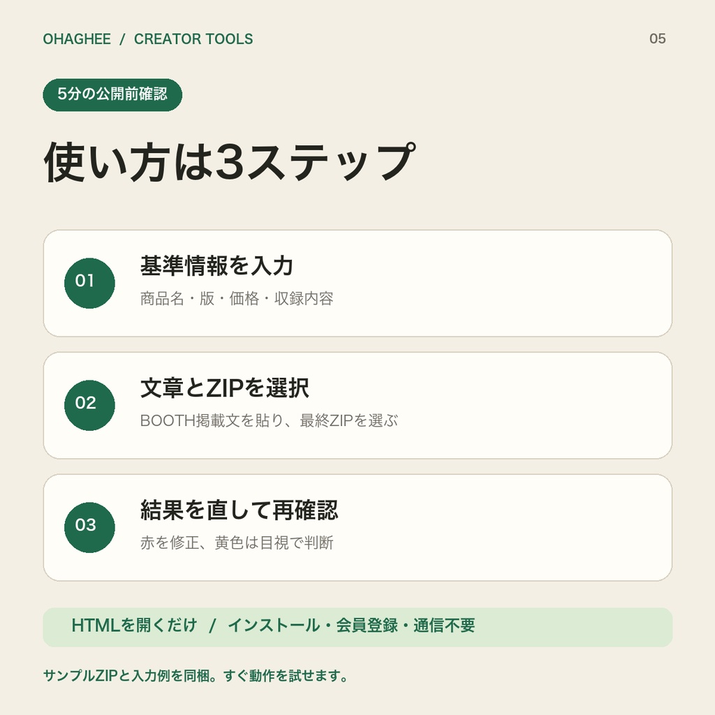 【無料β】BOOTH公開前 整合チェッカー|商品説明と販売ZIPの食い違い確認