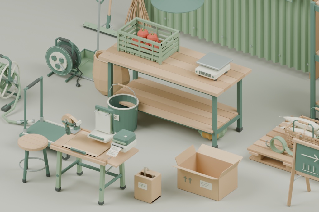 日本の小さな農家|選果・箱詰め小屋 ローポリ50点セット【GLB・Blender】