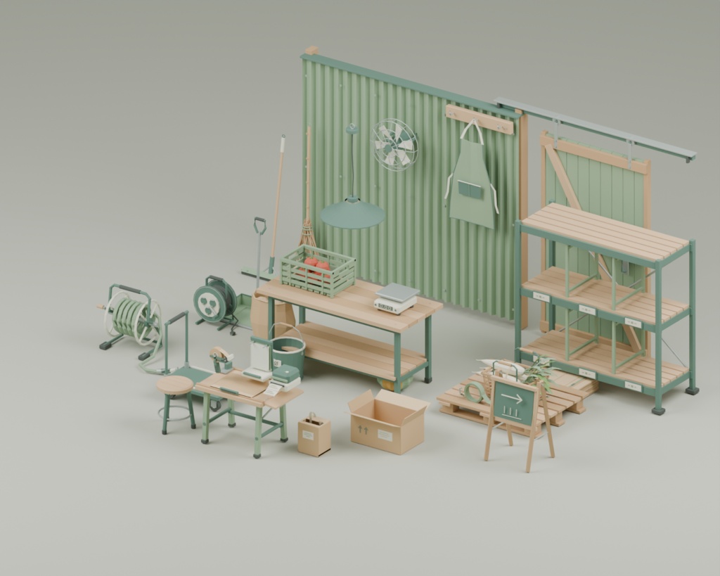 日本の小さな農家|選果・箱詰め小屋 ローポリ50点セット【GLB・Blender】