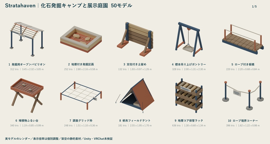 Stratahaven|化石発掘キャンプと展示庭園 ローポリ50点セット【GLB・FBX】