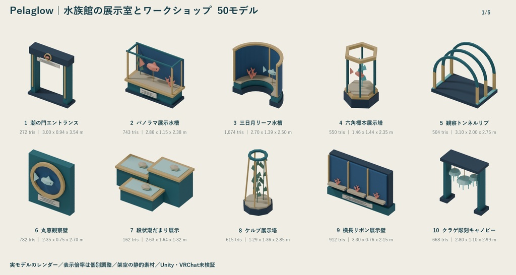 Pelaglow|水族館の展示室とワークショップ ローポリ50点セット【GLB・FBX】