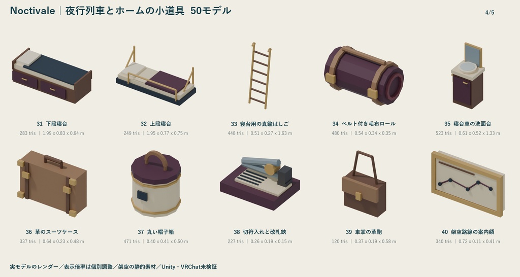Noctivale|夜行列車とホームの小道具 ローポリ50点セット【GLB・FBX】