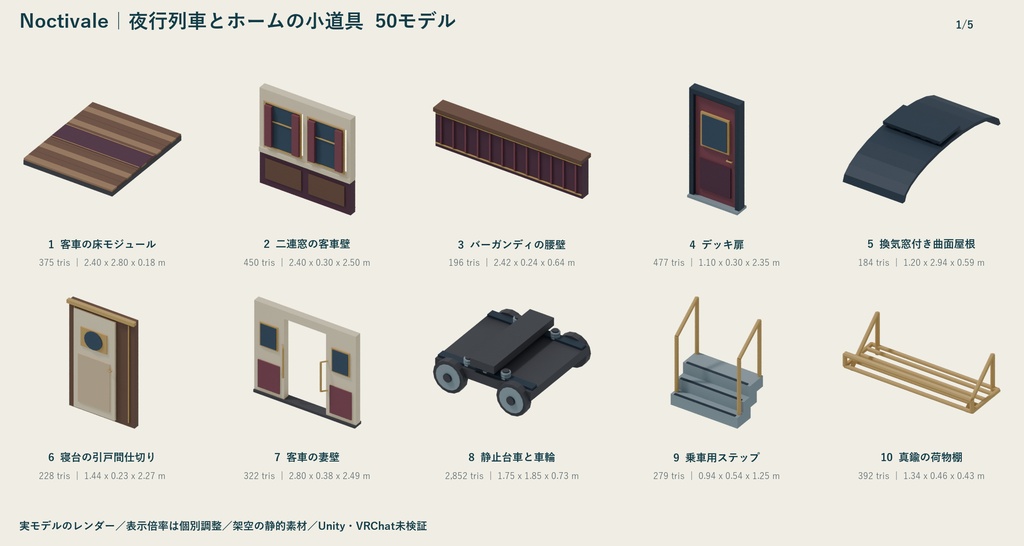 Noctivale|夜行列車とホームの小道具 ローポリ50点セット【GLB・FBX】