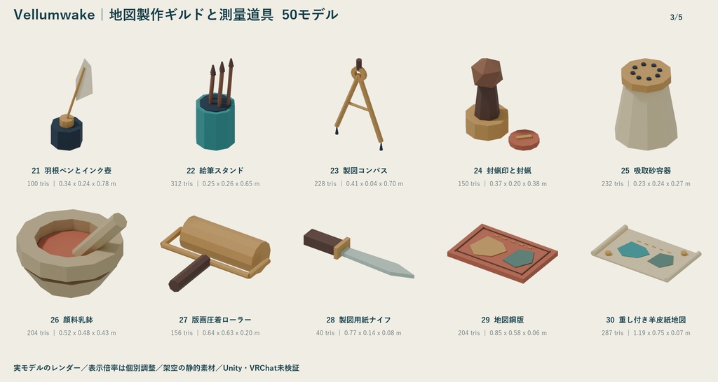 Vellumwake|地図製作ギルドと測量道具 ローポリ50点セット【GLB・FBX】