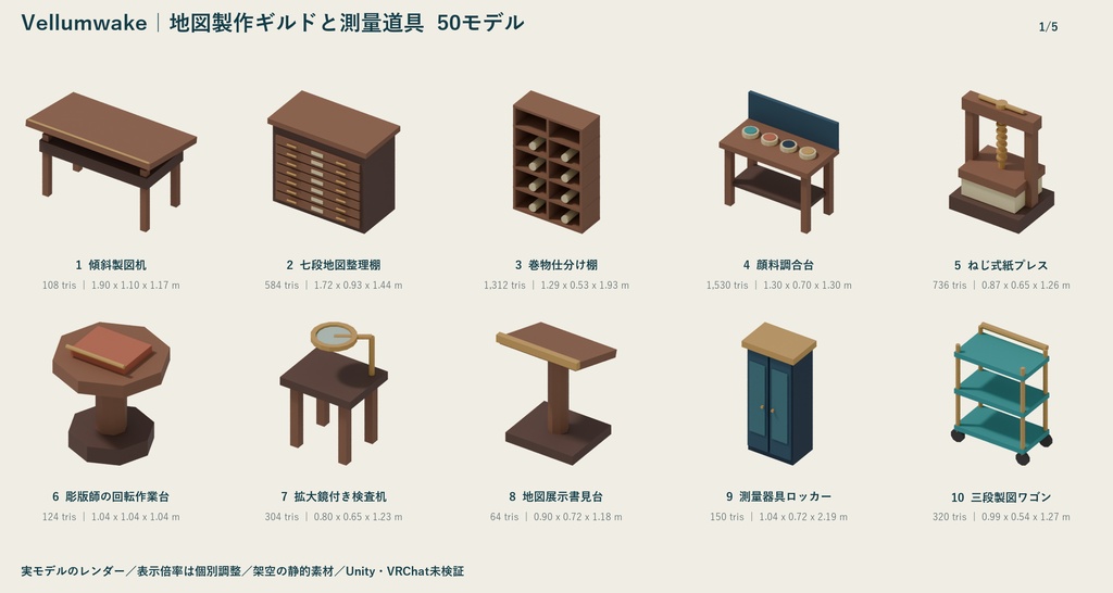 Vellumwake|地図製作ギルドと測量道具 ローポリ50点セット【GLB・FBX】