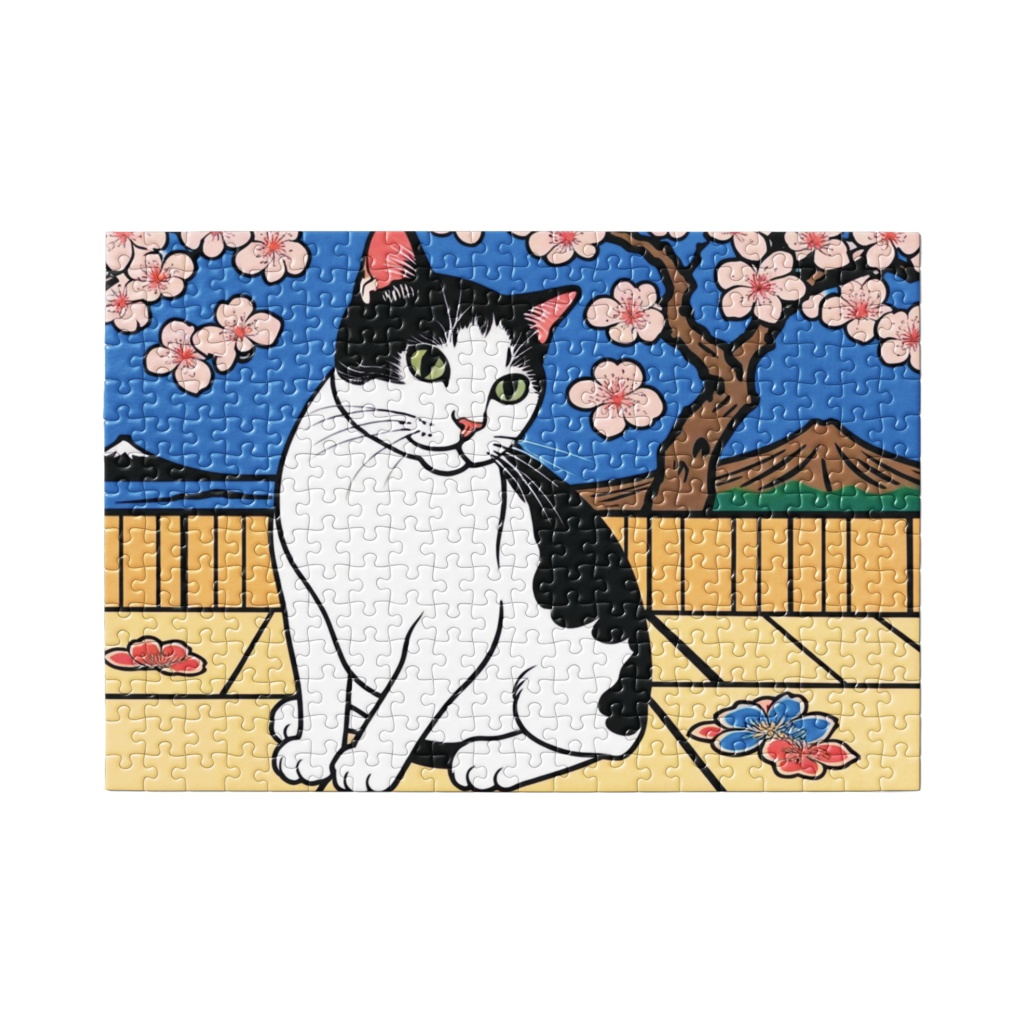 花札風梅の木と白黒猫