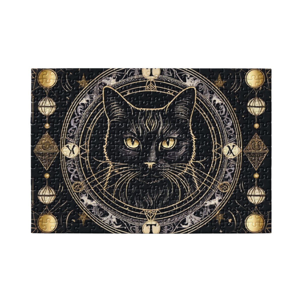 金色の幾何学的なフレームに入ったエレガントな黒猫