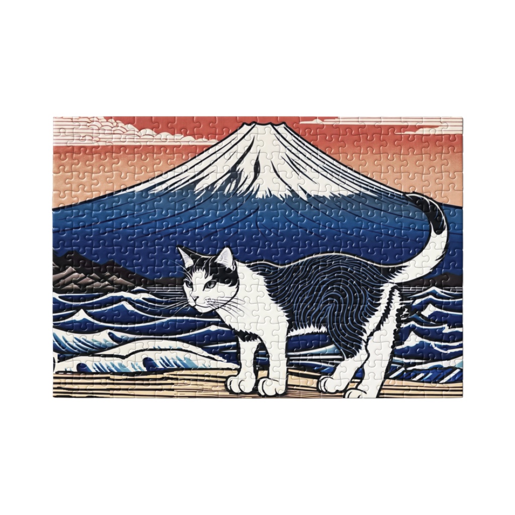 浮世絵風の富士山と猫