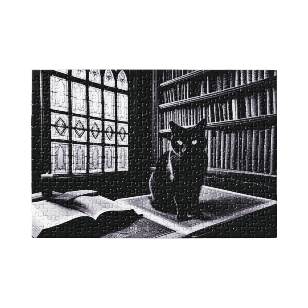 ゴシック図書館の神秘的な黒猫