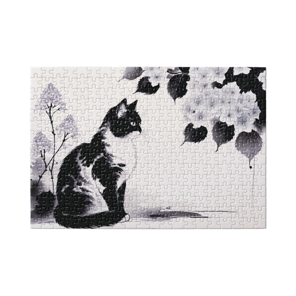 墨絵風猫と紫陽花 - 白黒デザイン