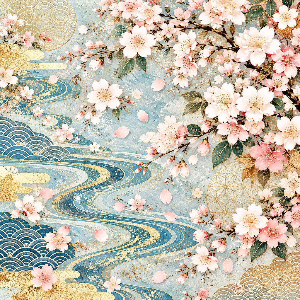 Japanese Sakura & Seigaiha Digital Paper