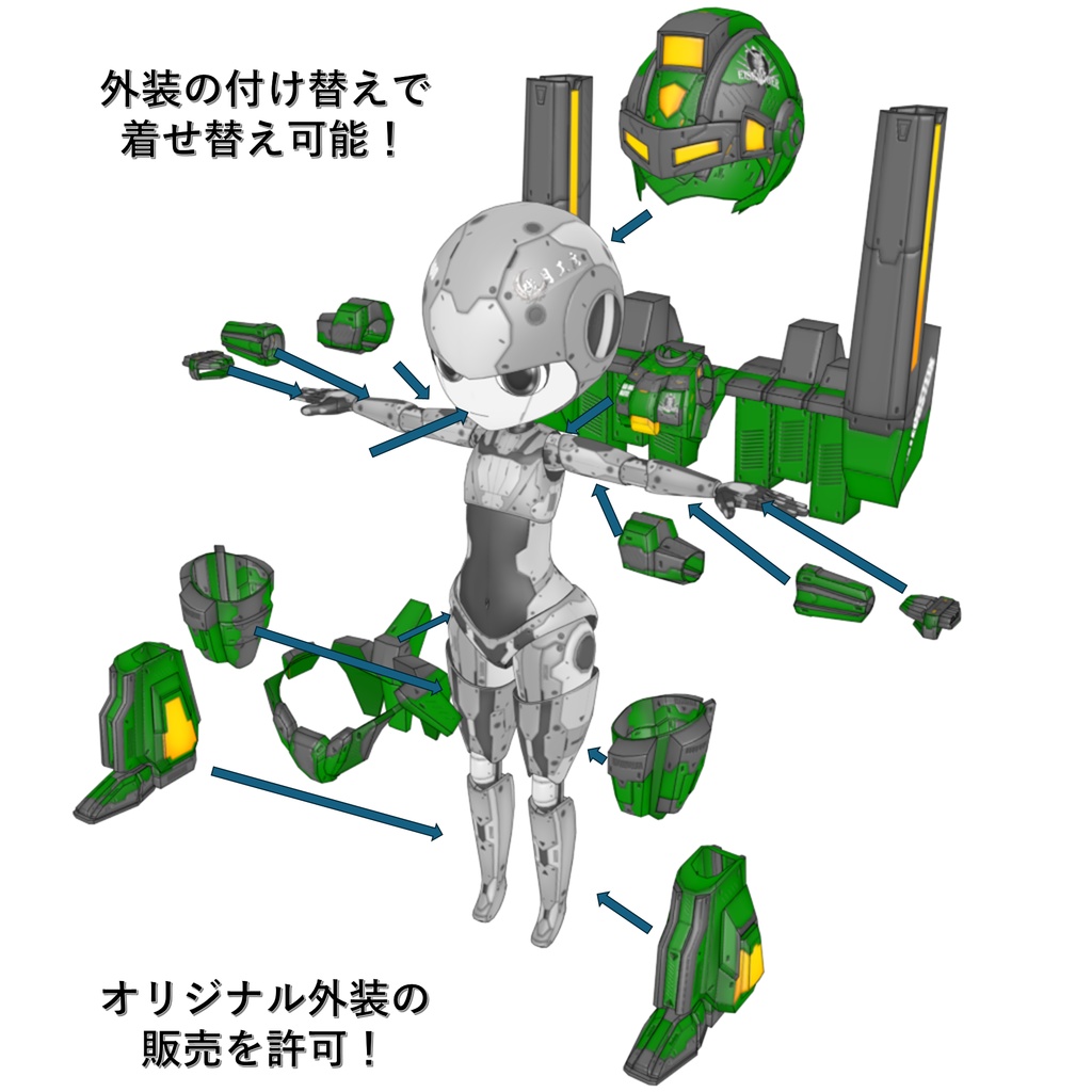 機械外装ショックギア『グリーンガンズ』【3Dアバター】【VRM&FBX】