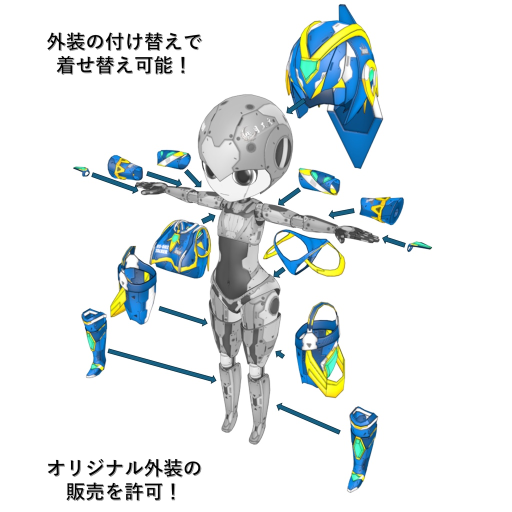 機械外装ショックギア『ブルーソーサラー』【3Dアバター】【VRM&FBX】