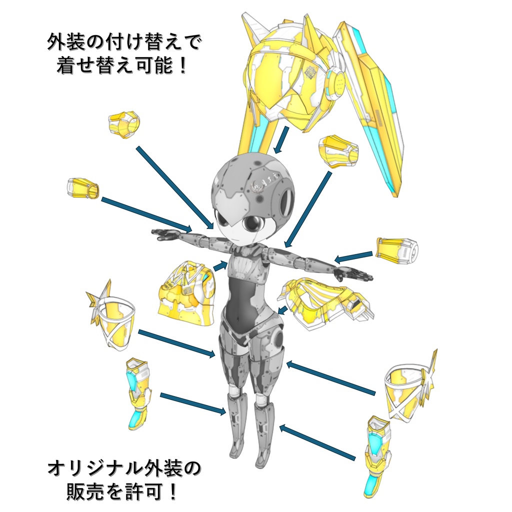 機械外装ショックギア『イエローシング』【3Dアバター】【VRM&FBX】