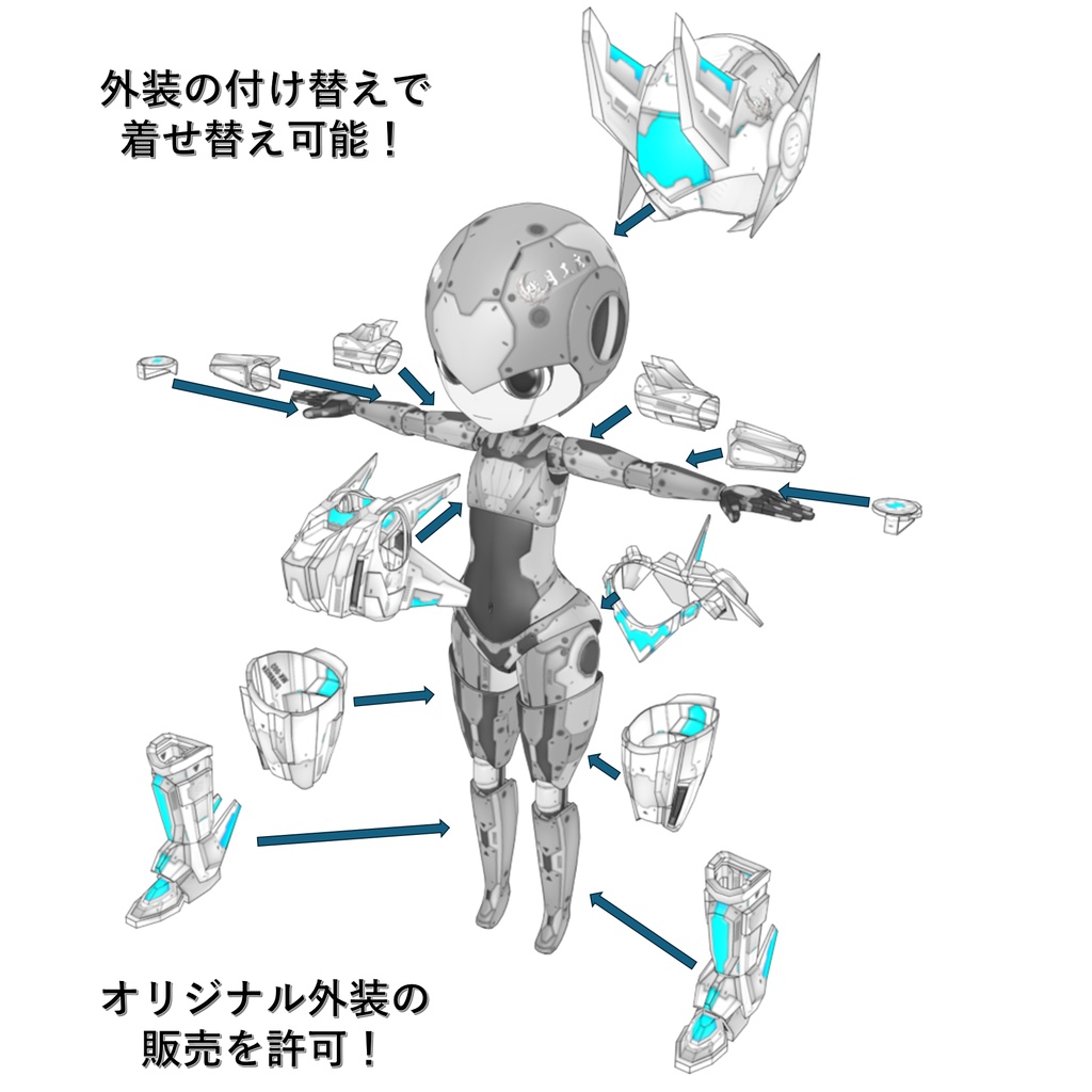 機械外装ショックギア『ホワイトナイト』【3Dアバター】【VRM&FBX】