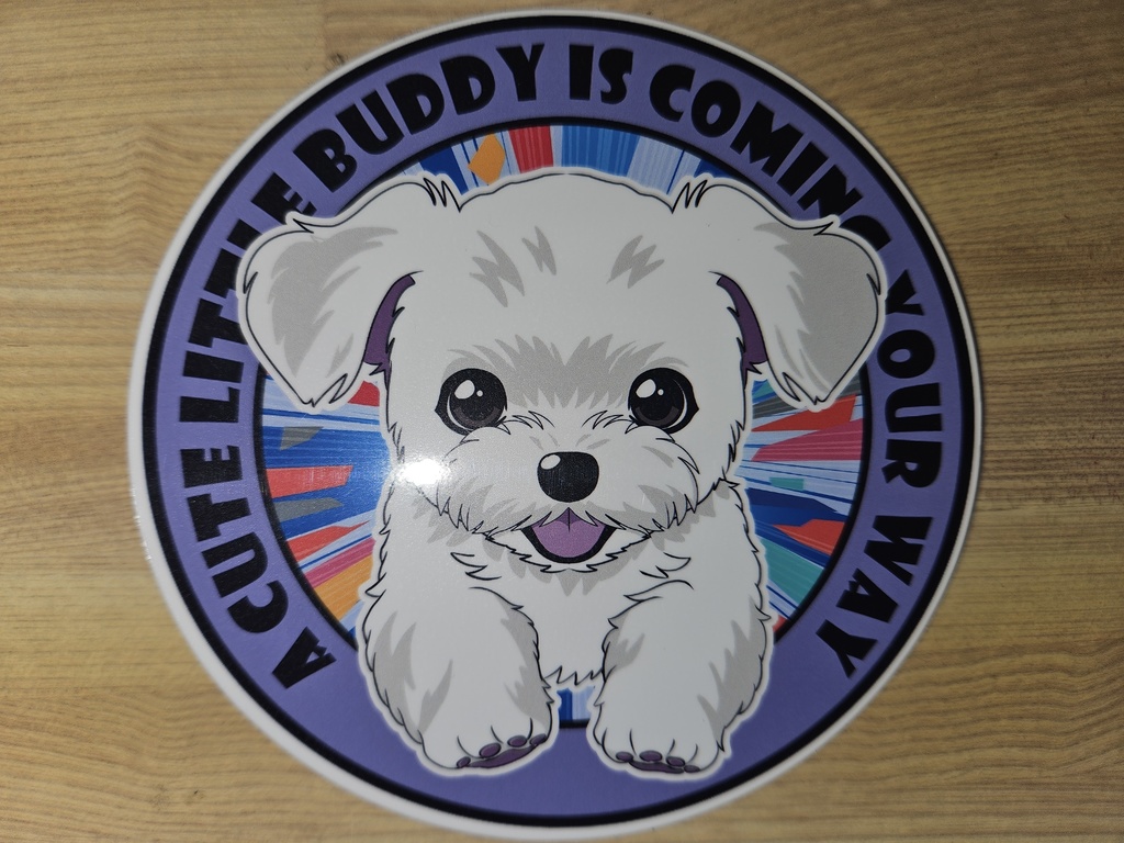 【WANKO-DASHシリーズ】子犬丸型ステッカー　マルチーズ　防水　UVカット