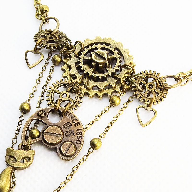 アンティークゴールドの猫と歯車・ギアの多層構造ネックレス スチームパンク ゴシック 金古美色