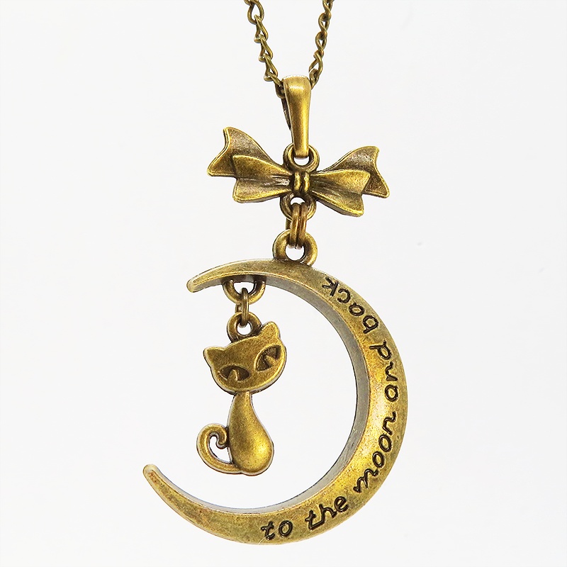 アンティークゴールド 三日月と猫の大人可愛いネックレス ゴシック リボン ムーンネックレス アジャスター付 長さ調整可