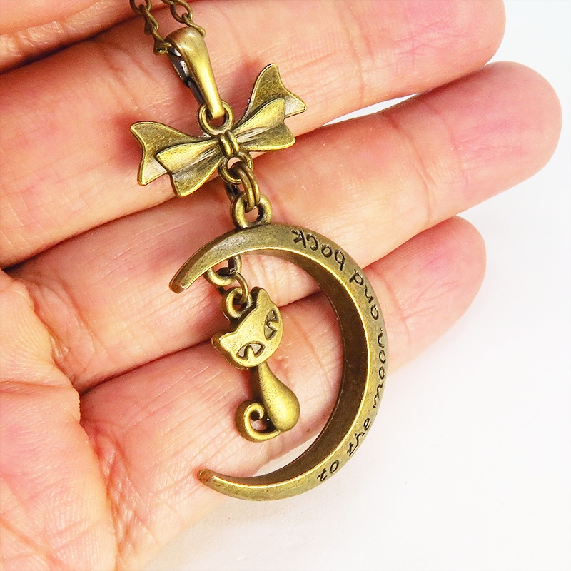 アンティークゴールド 三日月と猫の大人可愛いネックレス ゴシック リボン ムーンネックレス アジャスター付 長さ調整可