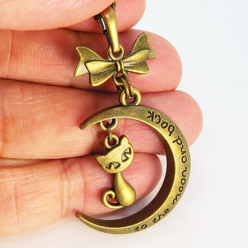 アンティークゴールド 三日月と猫の大人可愛いネックレス ゴシック リボン ムーンネックレス アジャスター付 長さ調整可