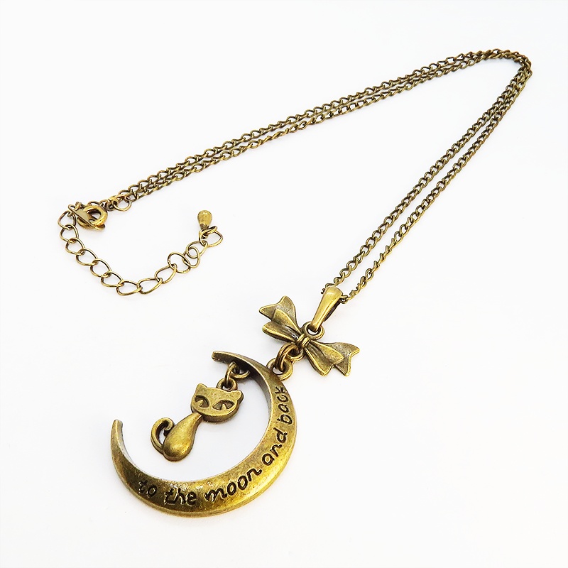 アンティークゴールド 三日月と猫の大人可愛いネックレス ゴシック リボン ムーンネックレス アジャスター付 長さ調整可