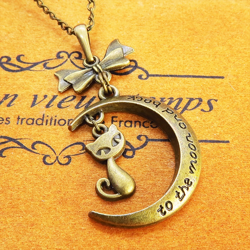 アンティークゴールド 三日月と猫の大人可愛いネックレス ゴシック リボン ムーンネックレス アジャスター付 長さ調整可