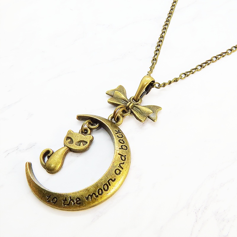 アンティークゴールド 三日月と猫の大人可愛いネックレス ゴシック リボン ムーンネックレス アジャスター付 長さ調整可