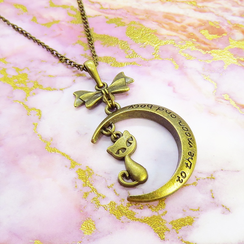アンティークゴールド 三日月と猫の大人可愛いネックレス ゴシック リボン ムーンネックレス アジャスター付 長さ調整可