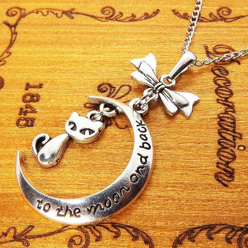アンティークシルバー 三日月と猫の大人可愛いネックレス ゴシック リボン ムーンネックレス アジャスター付