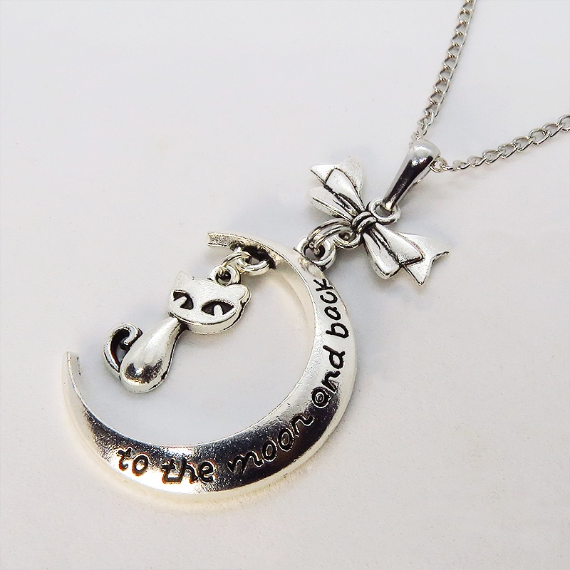 アンティークシルバー 三日月と猫の大人可愛いネックレス ゴシック リボン ムーンネックレス アジャスター付