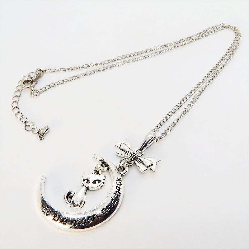 アンティークシルバー 三日月と猫の大人可愛いネックレス ゴシック リボン ムーンネックレス アジャスター付