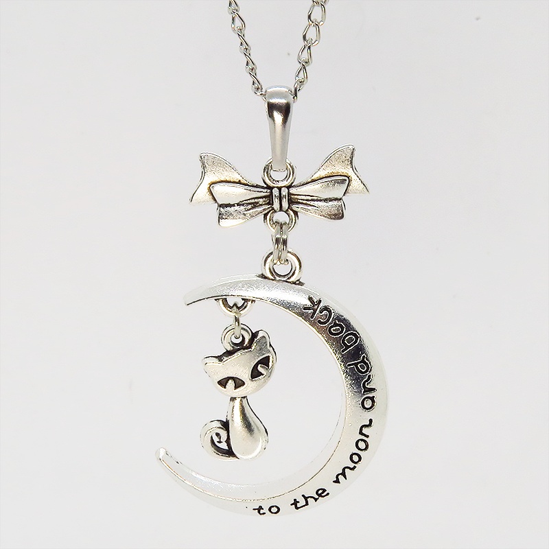 アンティークシルバー 三日月と猫の大人可愛いネックレス ゴシック リボン ムーンネックレス アジャスター付