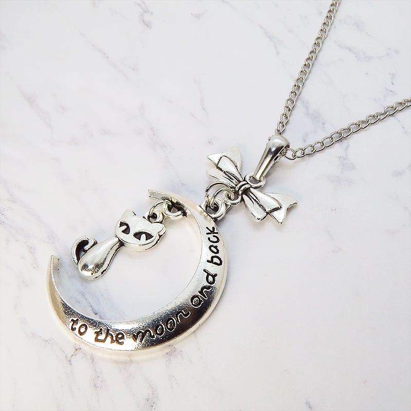アンティークシルバー 三日月と猫の大人可愛いネックレス ゴシック リボン ムーンネックレス アジャスター付