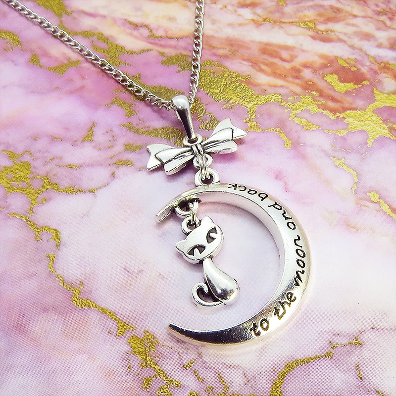 アンティークシルバー 三日月と猫の大人可愛いネックレス ゴシック リボン ムーンネックレス アジャスター付