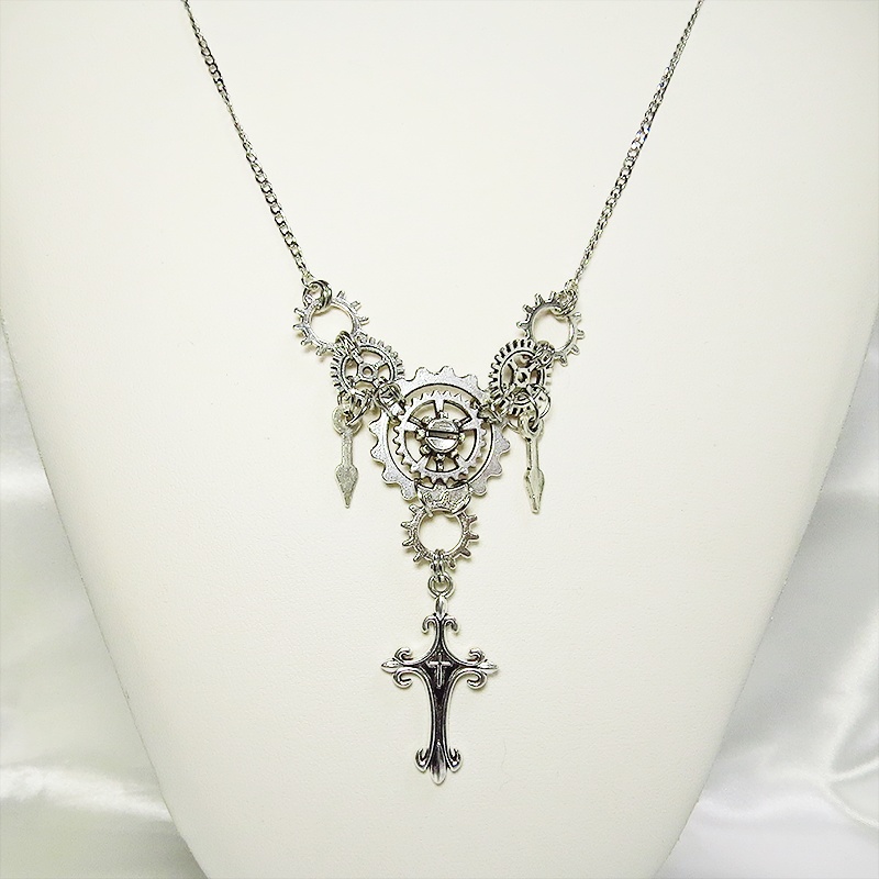 アンティークシルバー ロザリオ(十字架)と時計の針、歯車・ギアのスチームパンクネックレス ゴシック アジャスター付 長さ調整可