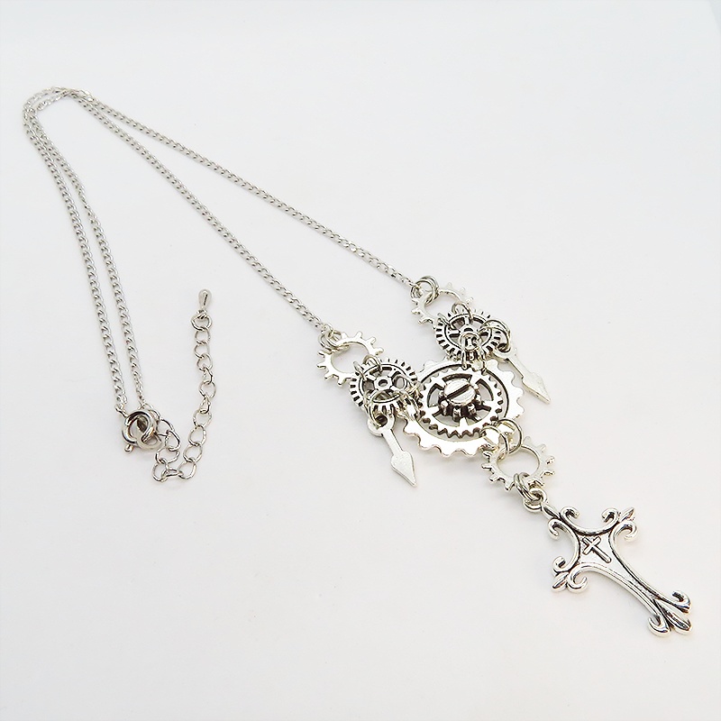 アンティークシルバー ロザリオ(十字架)と時計の針、歯車・ギアのスチームパンクネックレス ゴシック アジャスター付 長さ調整可