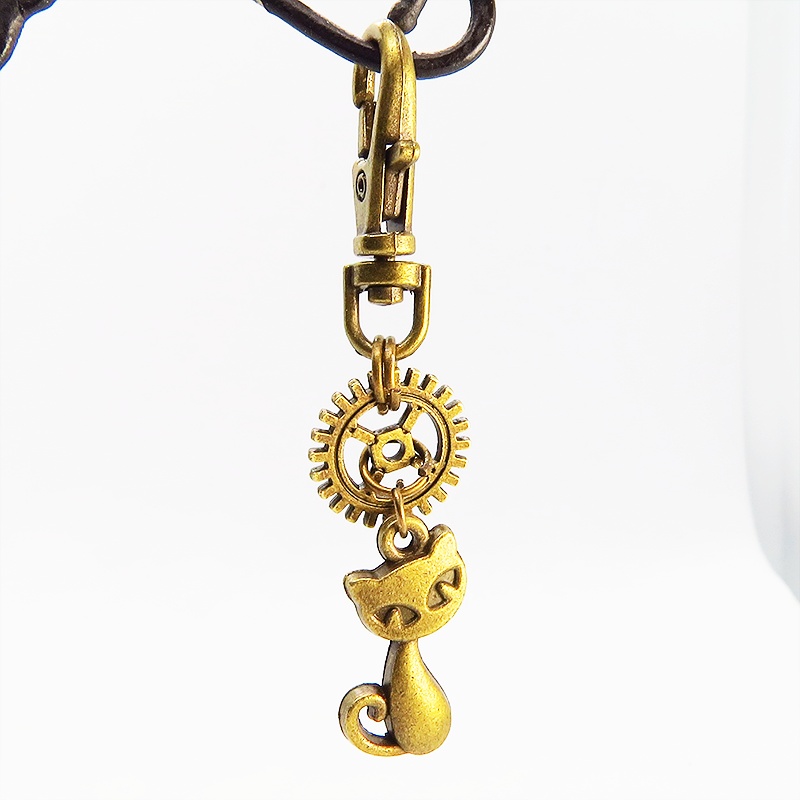 アンティークゴールド 猫と歯車のシンプルで可愛いファスナーチャーム キーホルダー バッグチャーム 金具変更可
