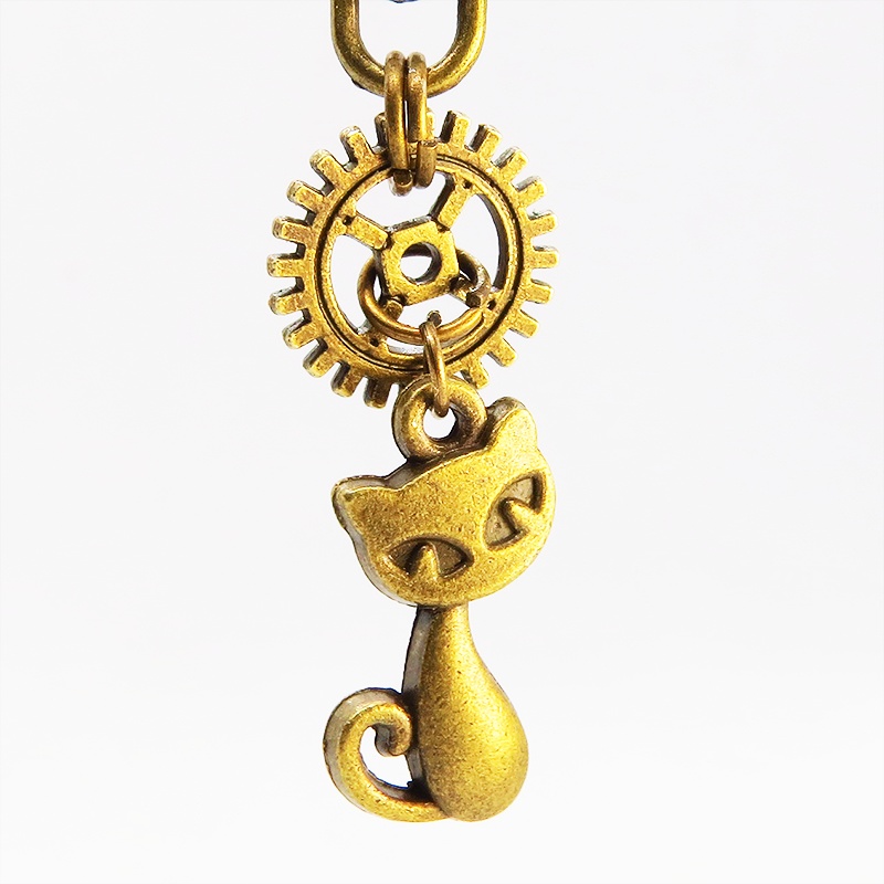 アンティークゴールド 猫と歯車のシンプルで可愛いファスナーチャーム キーホルダー バッグチャーム 金具変更可