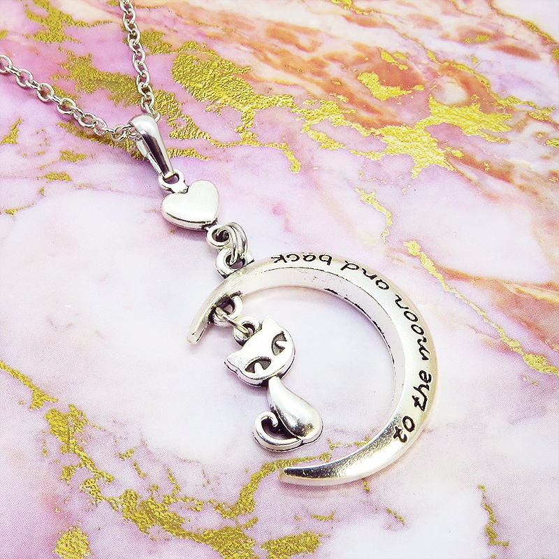 アンティークシルバー 三日月と猫の大人可愛いネックレス ゴシック ハート ムーンネックレス アジャスター付