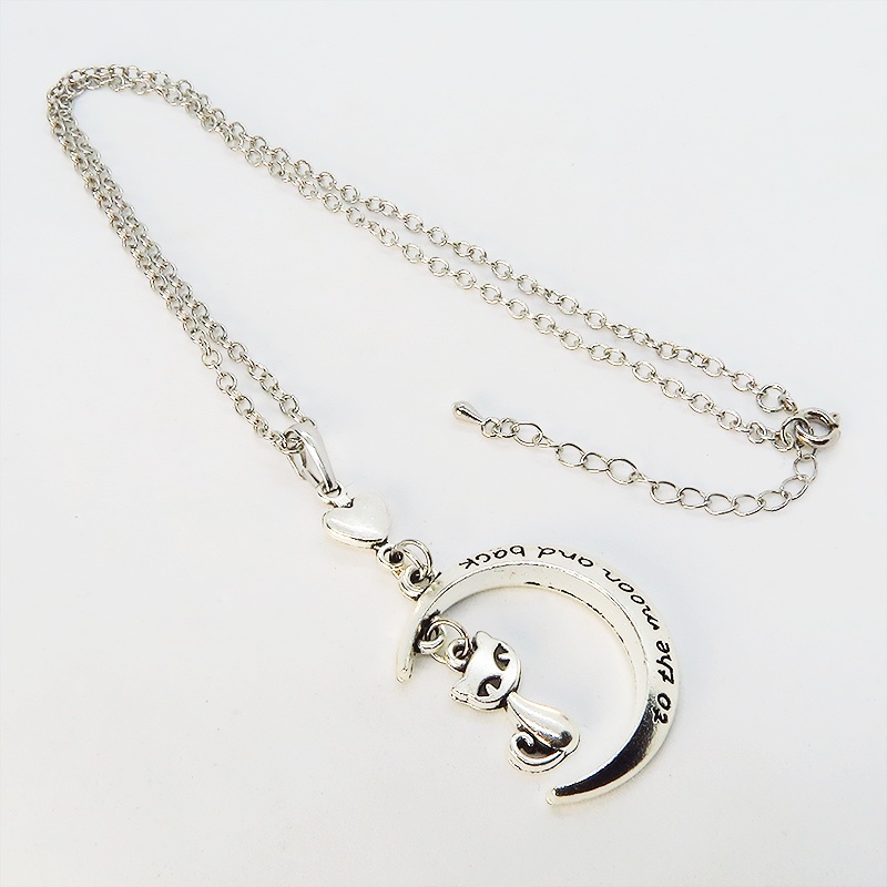 アンティークシルバー 三日月と猫の大人可愛いネックレス ゴシック ハート ムーンネックレス アジャスター付