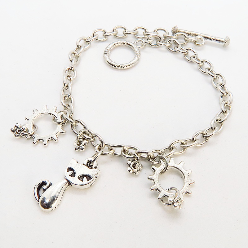 シルバーカラー 猫と歯車を組合わせたスチームパンク風ブレスレット