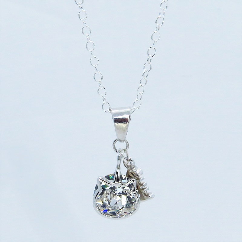 シルバー925 可愛い猫フレームのスワロフスキー(9色選択)と魚のチャームの大人可愛いネックレス アジャスター可