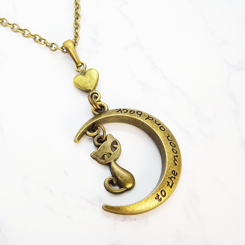 アンティークゴールド 三日月と猫の大人可愛いネックレス ゴシック ハート ムーンネックレス アジャスター付 長さ調整可