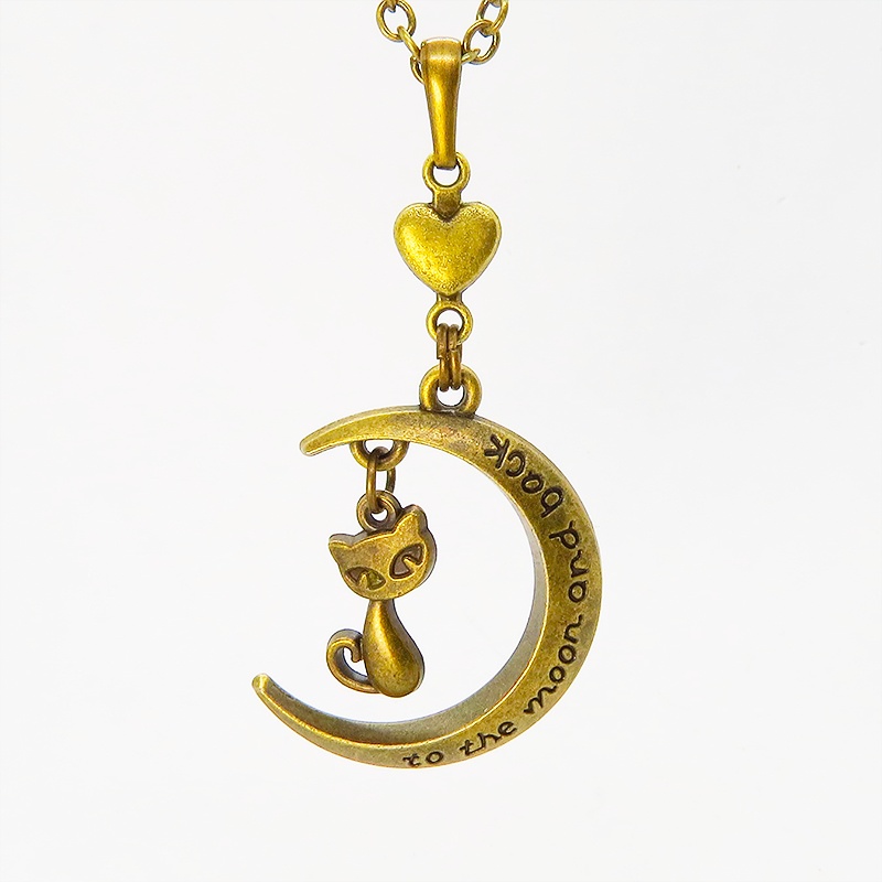アンティークゴールド 三日月と猫の大人可愛いネックレス ゴシック ハート ムーンネックレス アジャスター付 長さ調整可