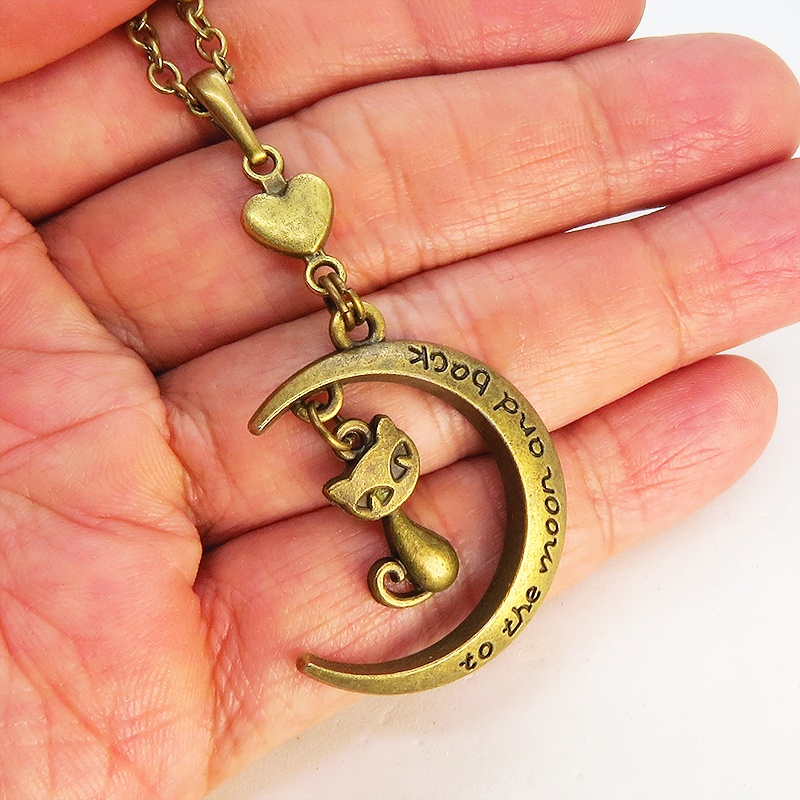 アンティークゴールド 三日月と猫の大人可愛いネックレス ゴシック ハート ムーンネックレス アジャスター付 長さ調整可